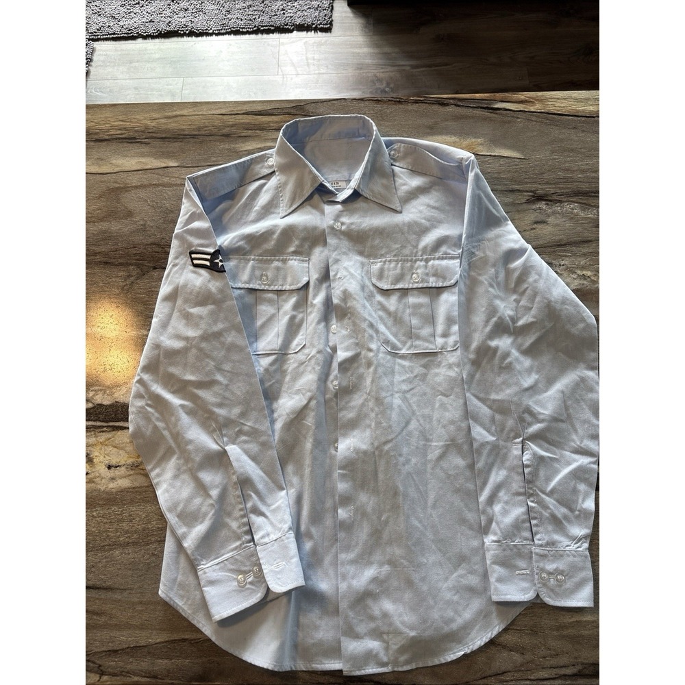 US Air Force Military Button Up Uniform Shirt Mens 17/35 Blue Long Sleeve
